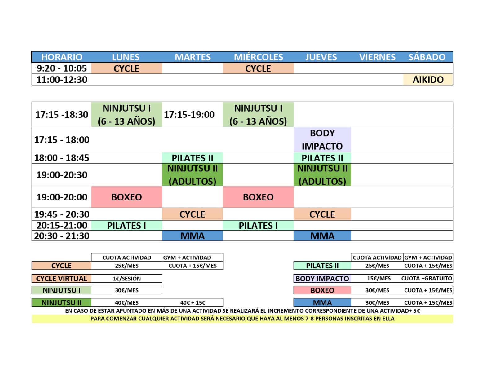 Cuotas y Horario Actividades